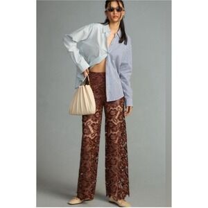Anthropologie Pants Women 14 Brown Faux Leather Floral Lace Wide Leg Pants Boho